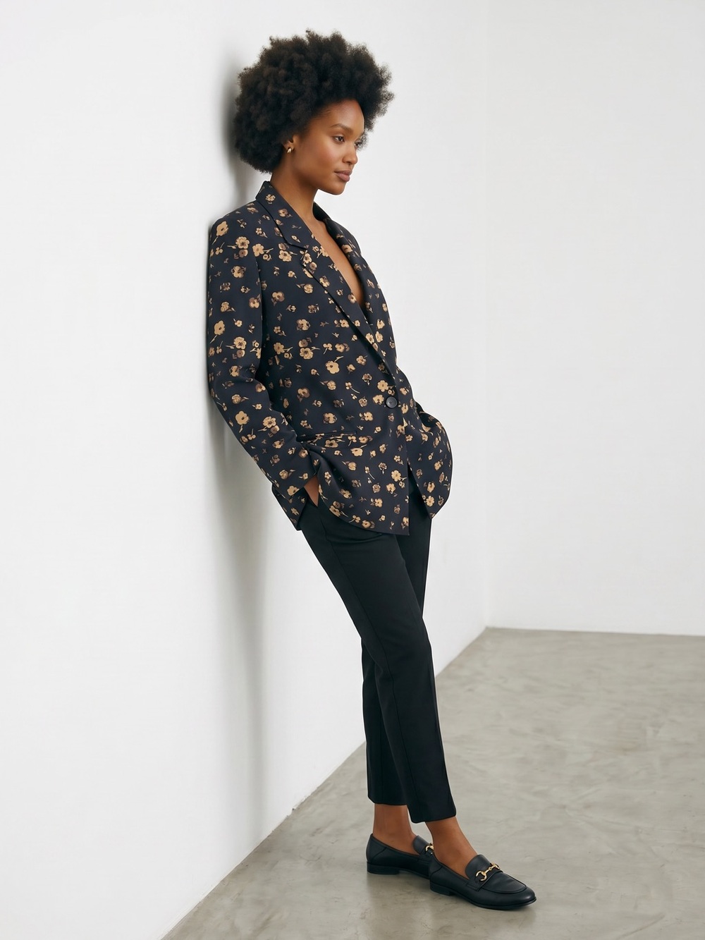 Vintage Saks Fifth Avenue Floral Print Black Blazer with Beige Blossoms - Picture 2 of 9